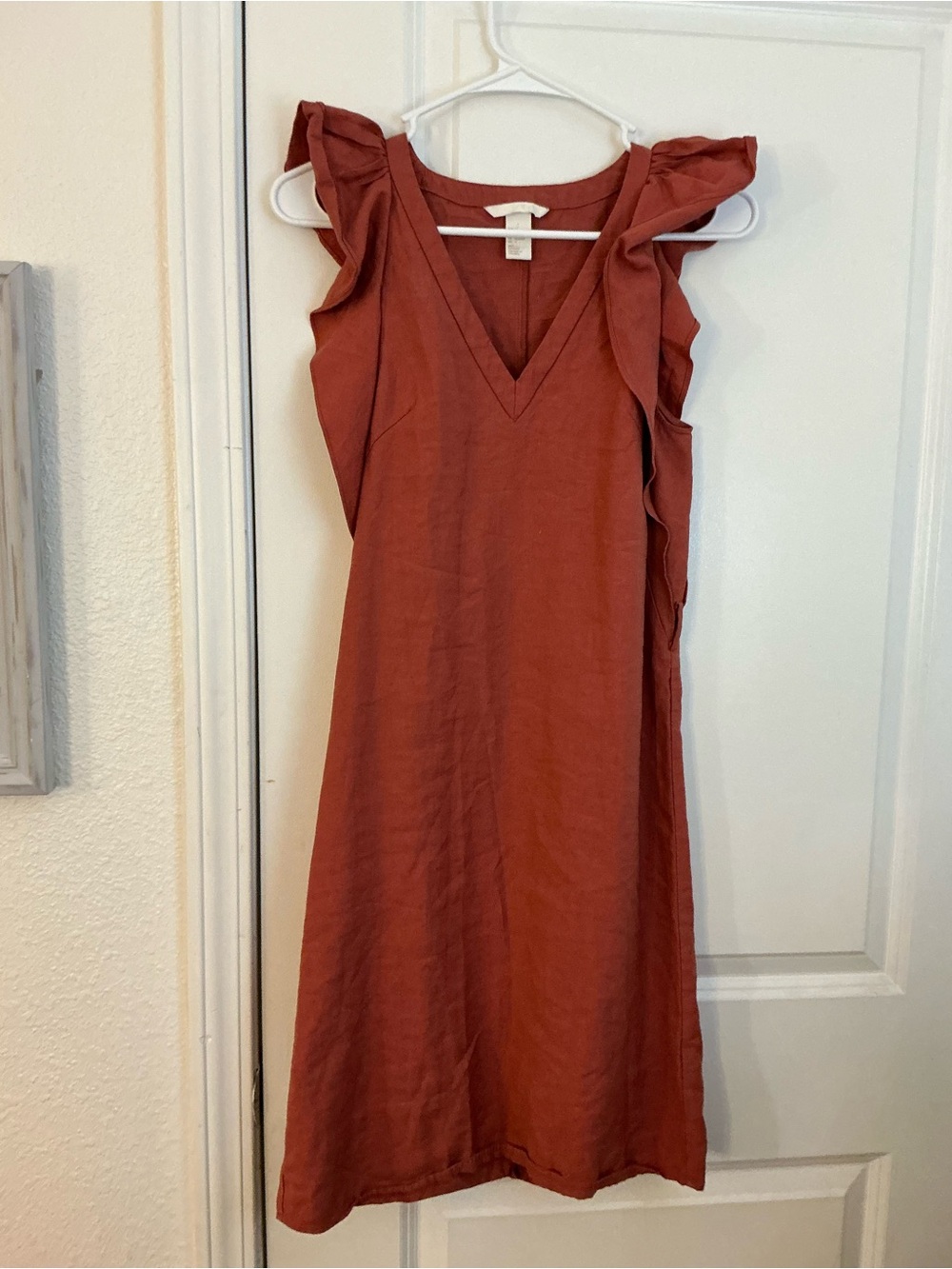 H&M Rust Terracotta Linen Blend Ruffle V-Neck Shift Mini Dress Size 4